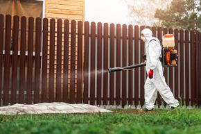 Worker in white protective suit spraying a brown wooden fence in a yard.