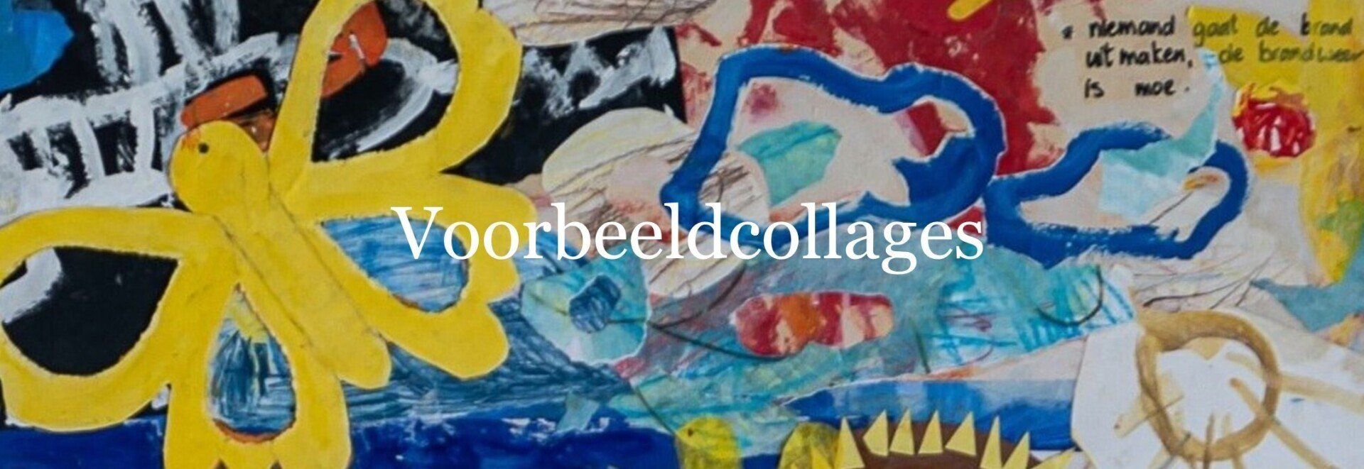 Collagekunst met een gele vlindervorm en blauwe vormen; de tekst luidt 