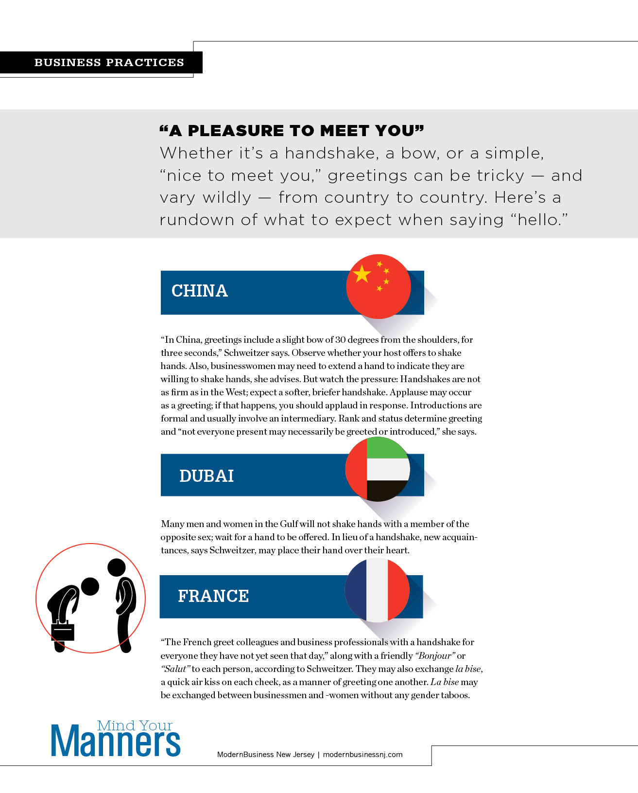 Manners guide: Greeting customs for China, Dubai, and France, showing country flags and a bowing illustration.