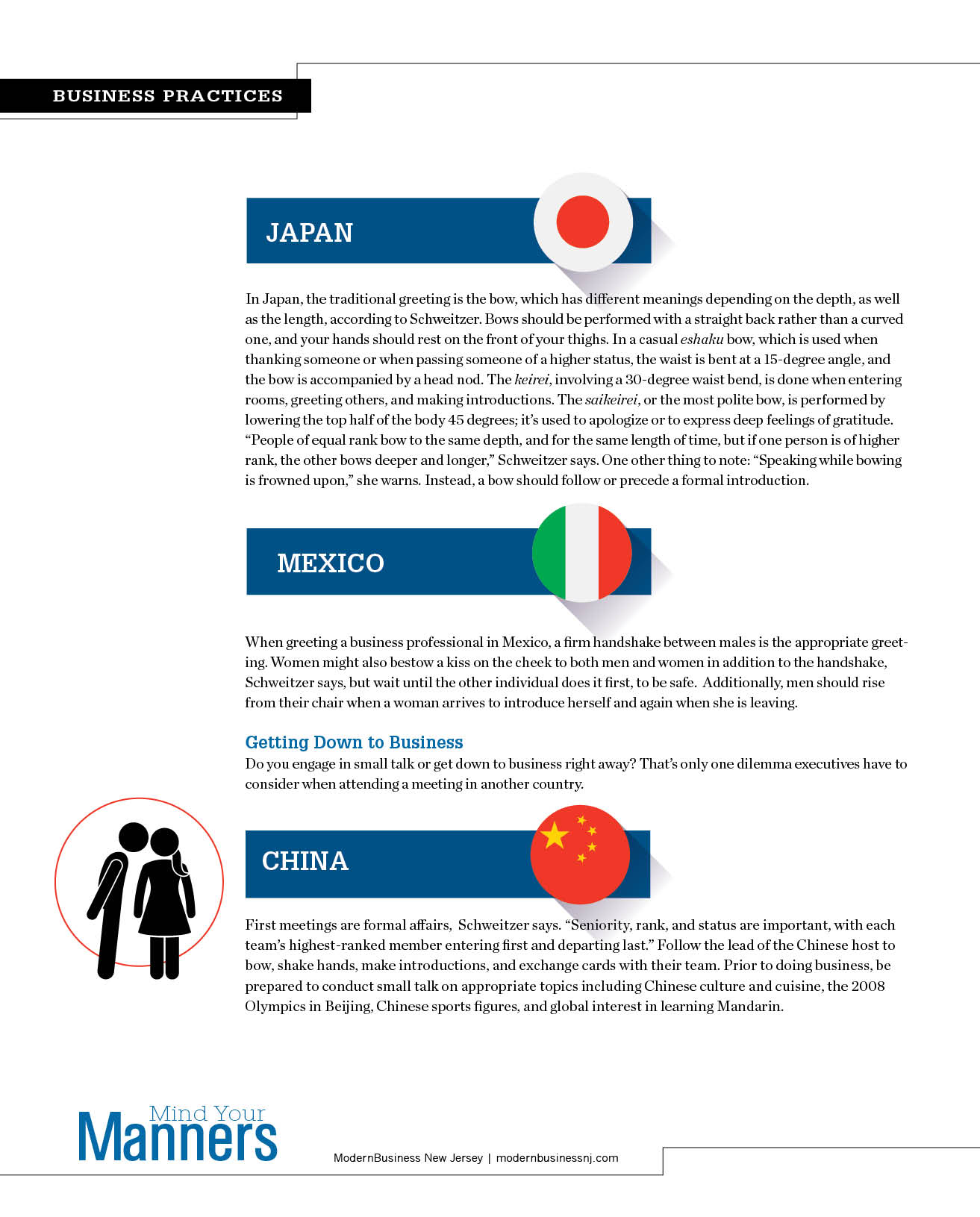 Infographic comparing international manners. Includes flags of Japan, Mexico, China, and text descriptions.