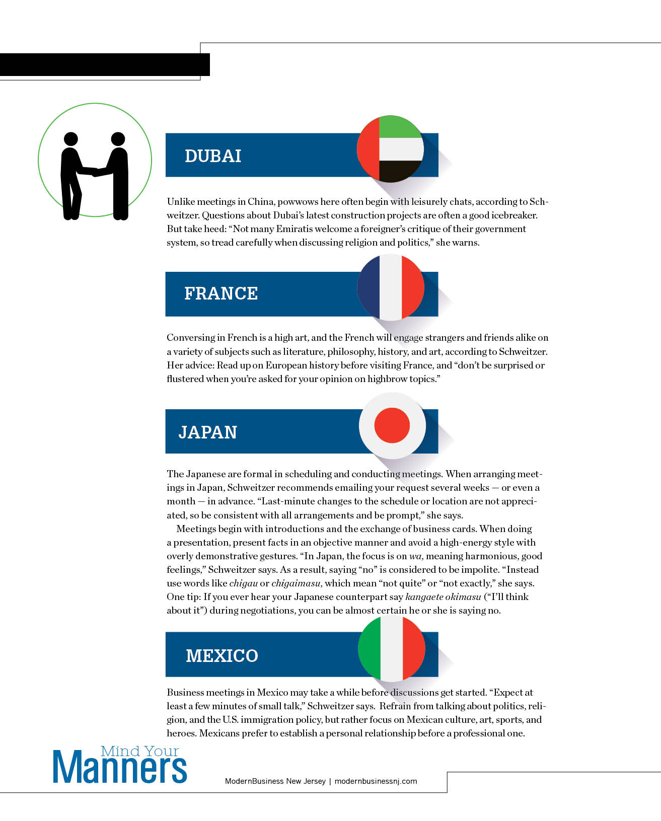 Infographic: Country flags and descriptions for Dubai, France, Japan, and Mexico with a handshake icon.