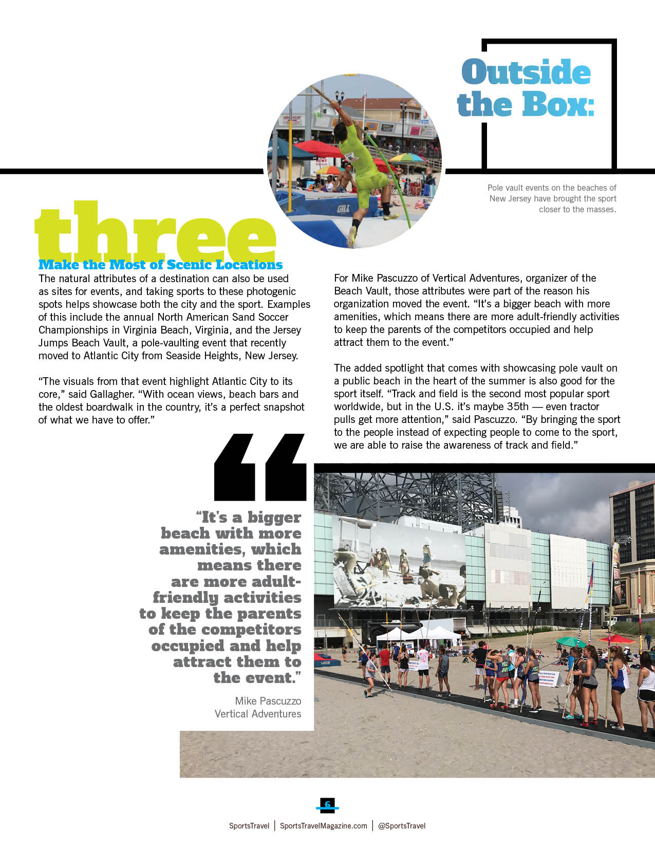 Pole vaulter in mid-air above a city street. Text and image layout of a magazine article.