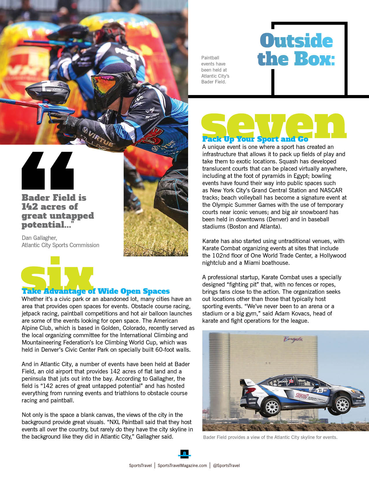Paintball players in action, text describing sports, and a car mid-air in a stunt.