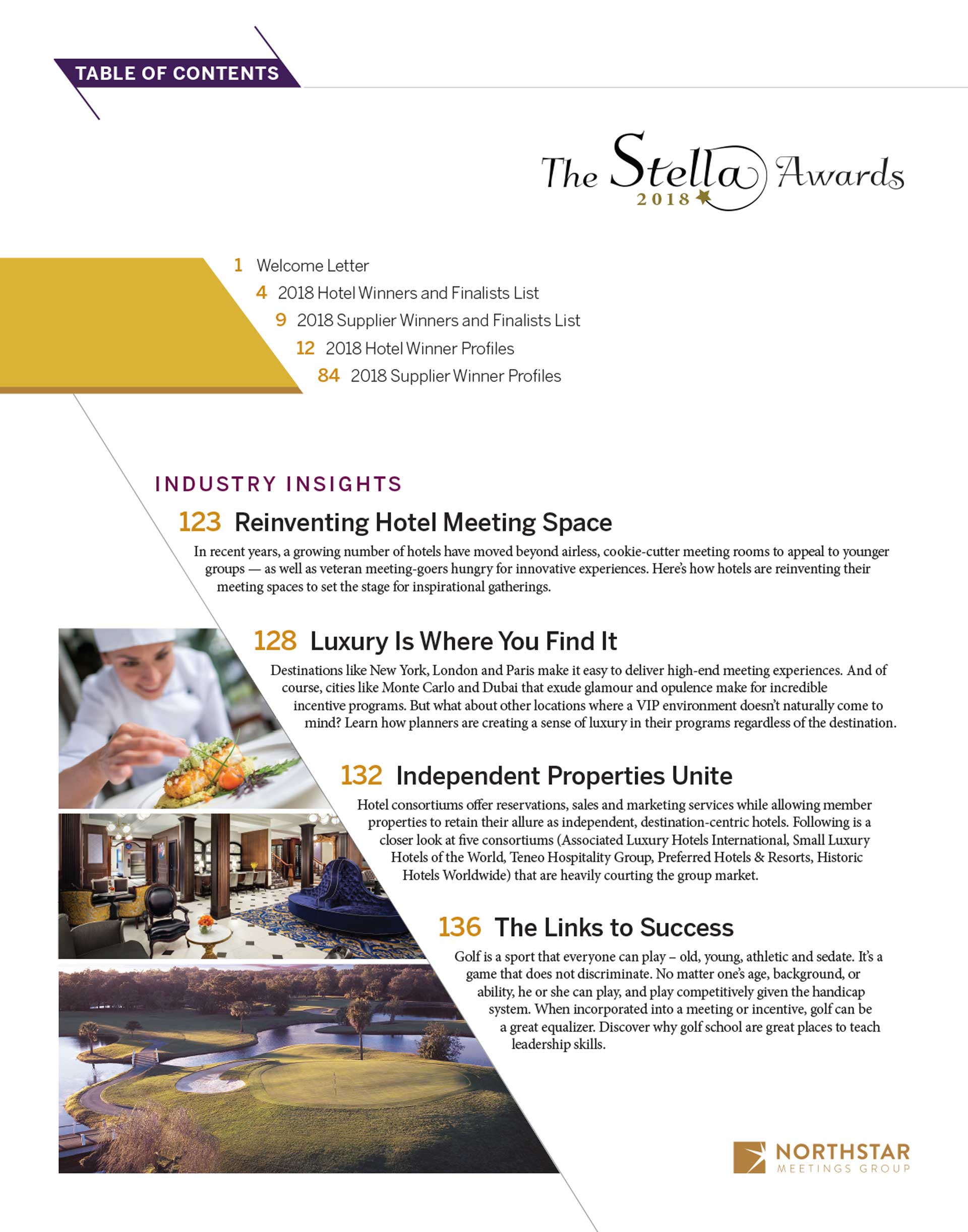 Page with Stella Awards titles, subheadings, and photos. Gold and blue text and design elements.
