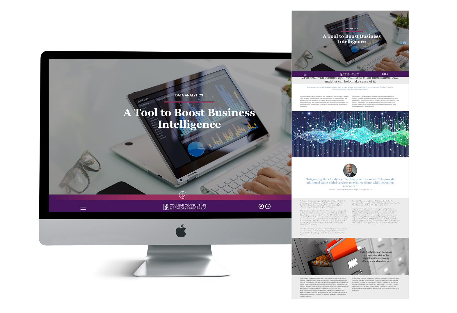 Collemi Consulting publication on Mac screen that reads Data Analytics how to Boost Business Intelligence