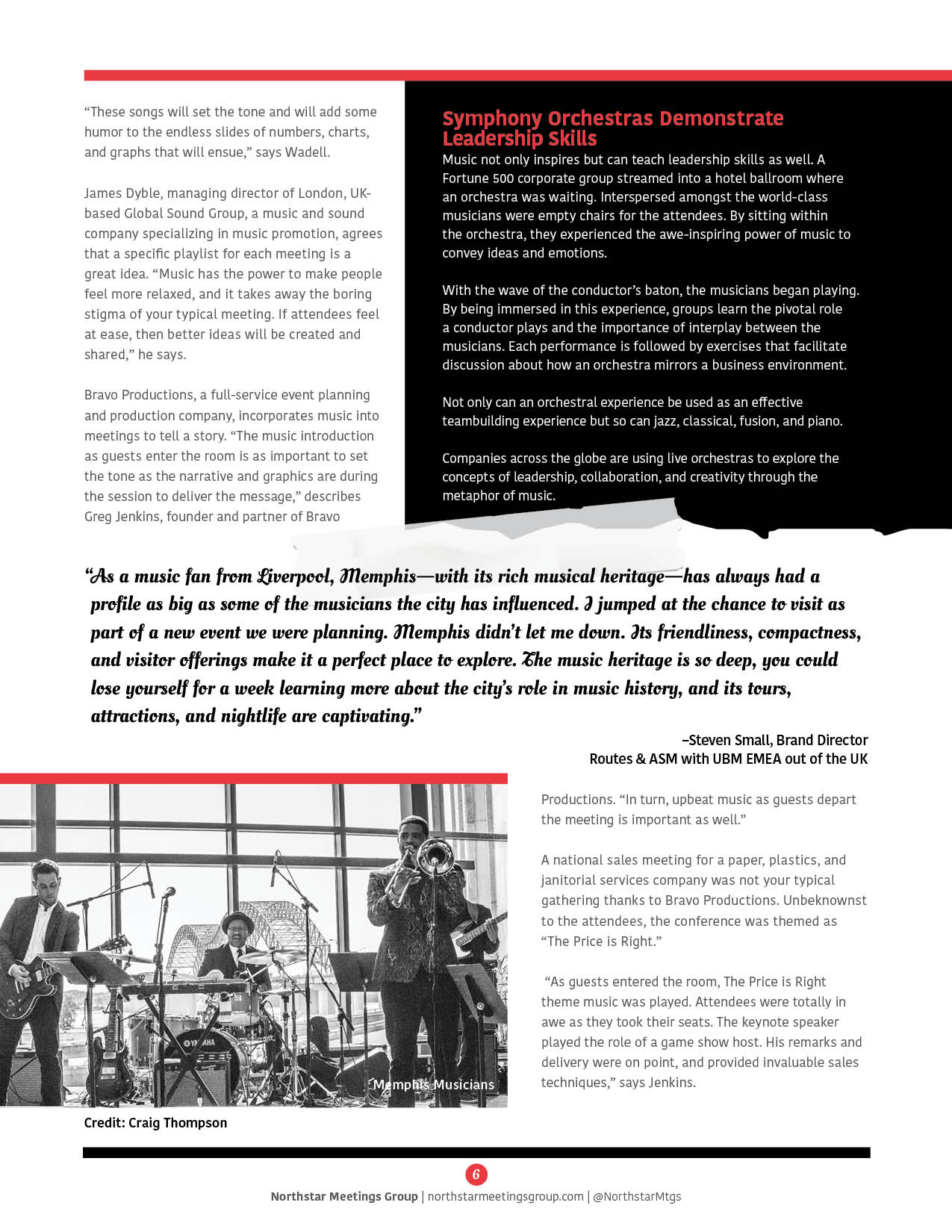 Jazz band performing live, with instruments. Musicians on stage, lights. Black and white text alongside.