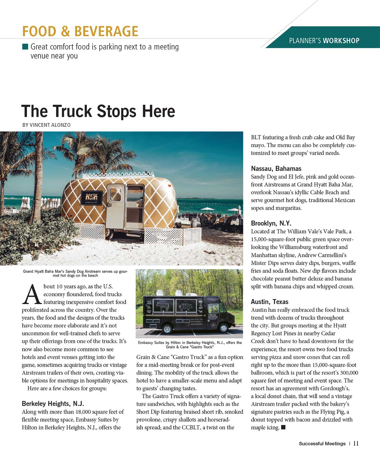 Food truck article: a white and brown food truck on a beach and a black food truck on a street.