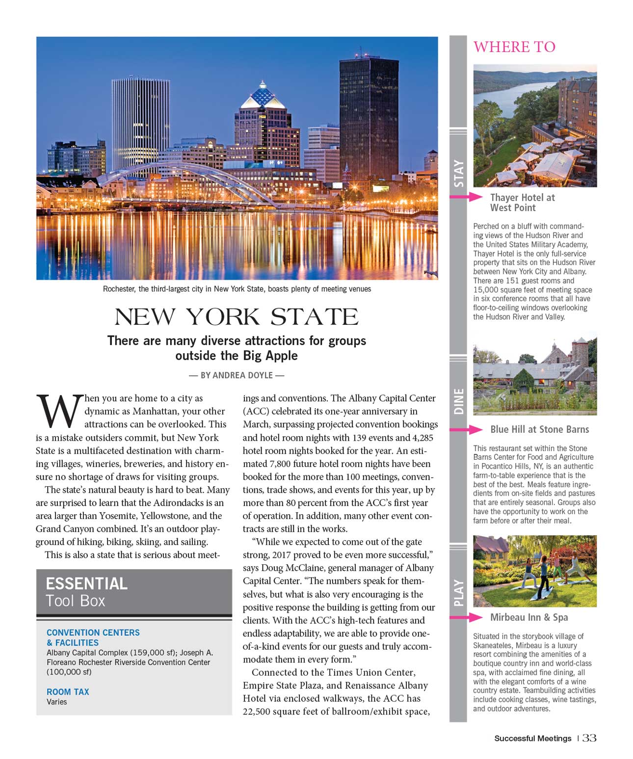 Skyline of New York City lit up at night, part of a travel article about the state.