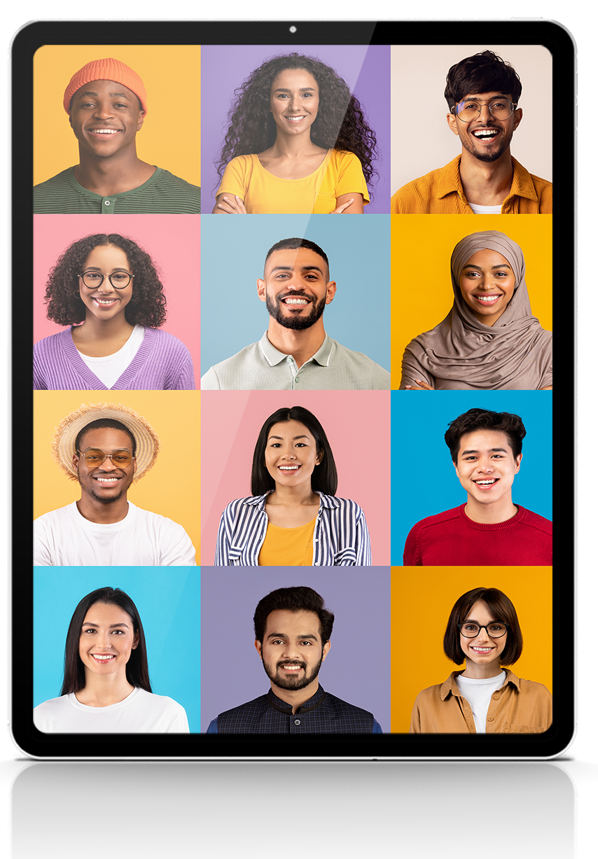 Tablet displaying a grid of 12 smiling people, each with a different colored background.
