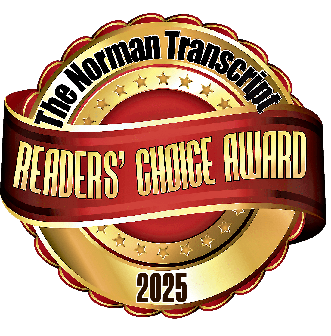 Gold and red award seal reading “The Norman Transcript Readers’ Choice Award 2025”