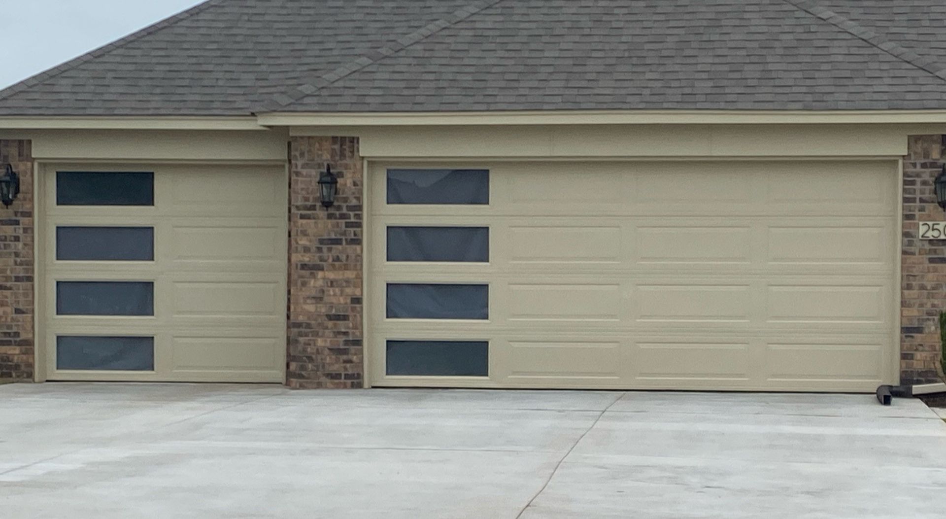 A double garage door. A double garage door.