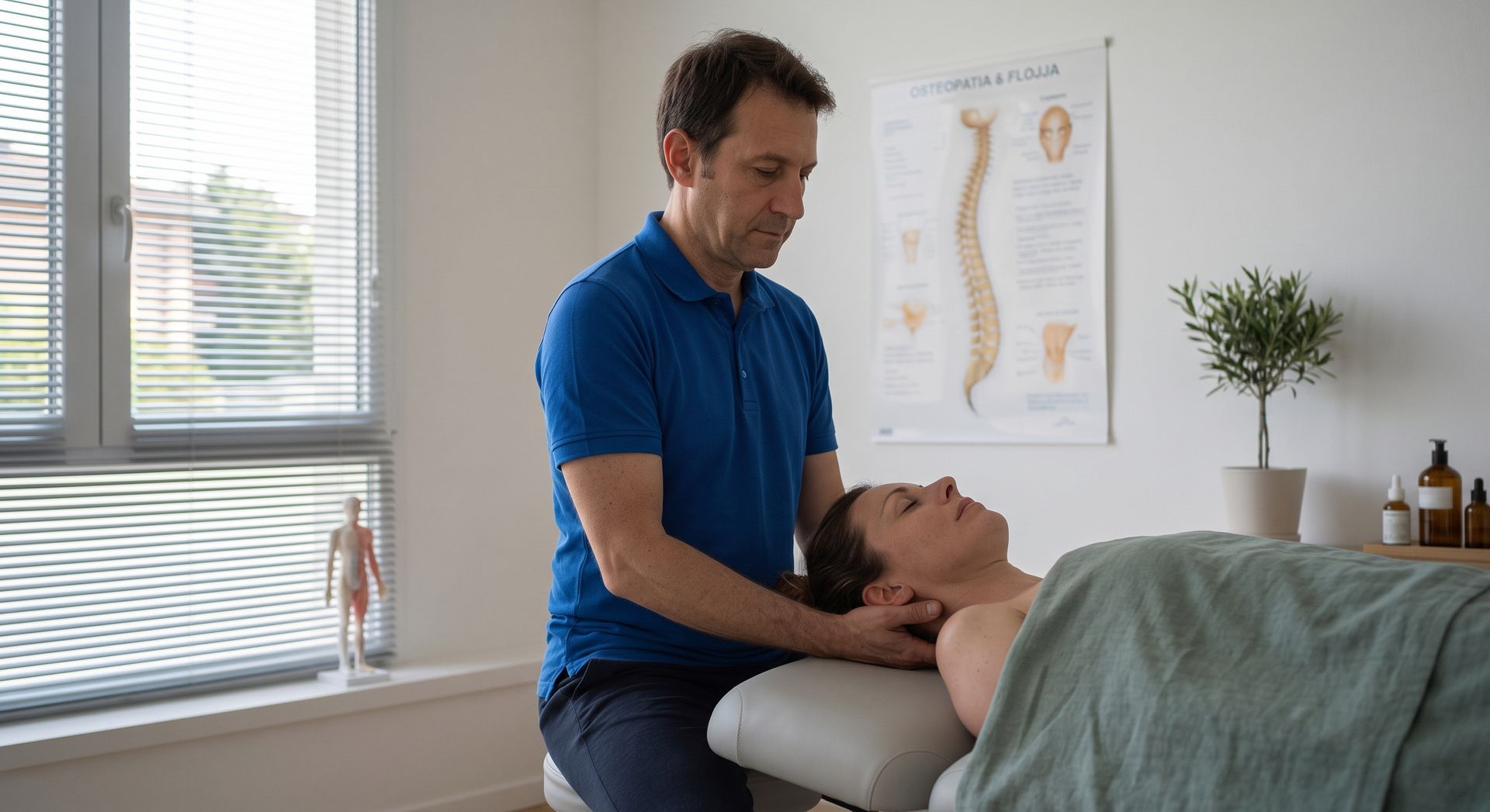 Si vede un Osteopata nel suo Studio che tratta il collo di una donna sdraiata sul lettino