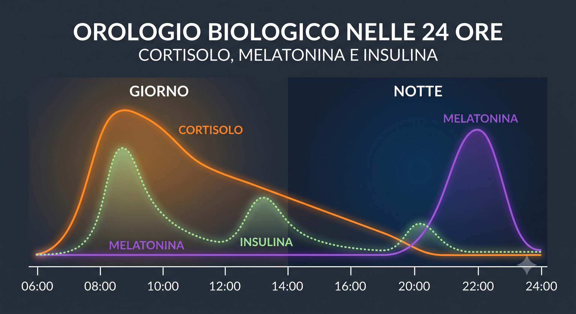 Si vede un grafico con le curve giornaliere di cortisolo, insulina e melatonina