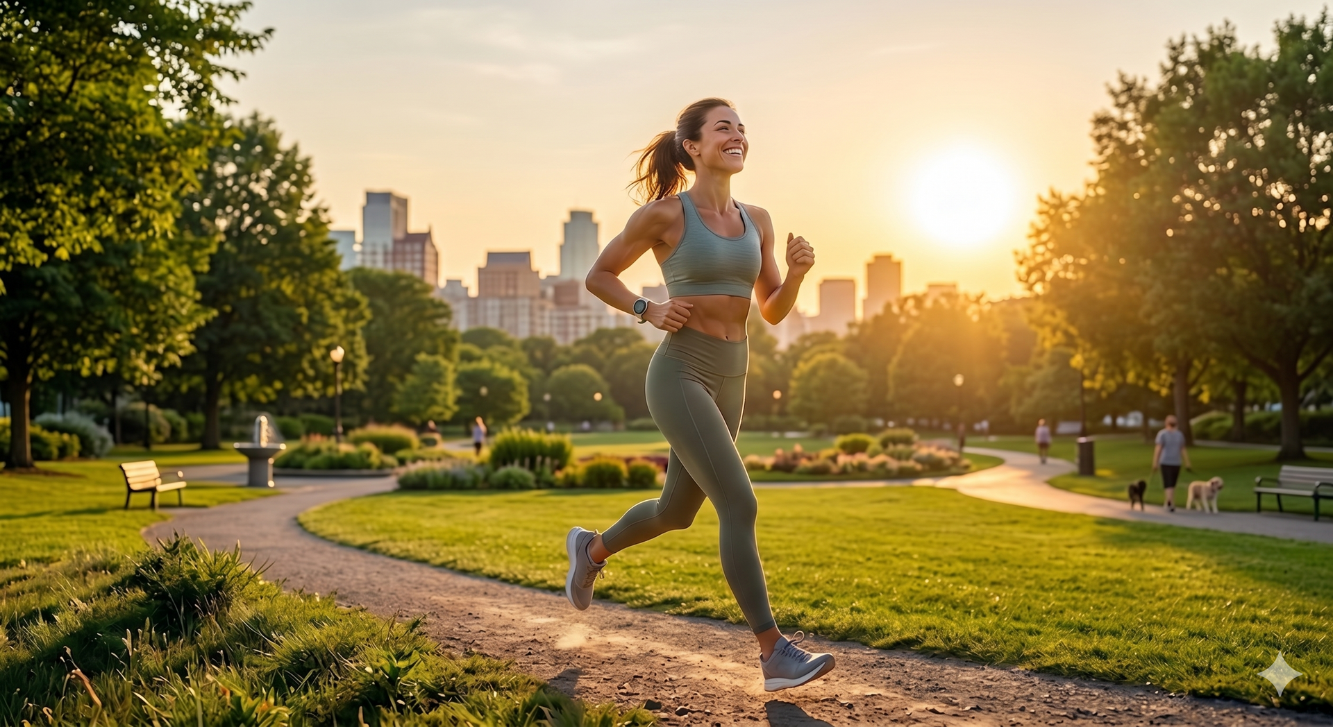 Si vede una ragazza che corre in un parco cittadino all'alba del sole
