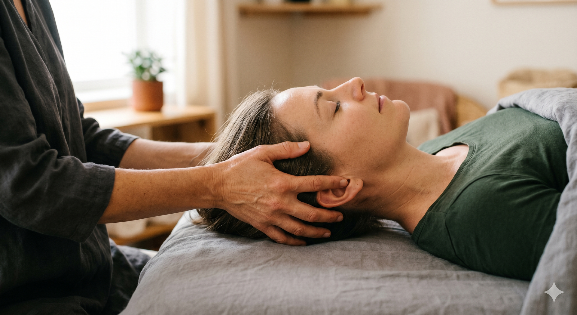 Si vedono le mani di un Ostepata appoggiate sulla testa di una donna