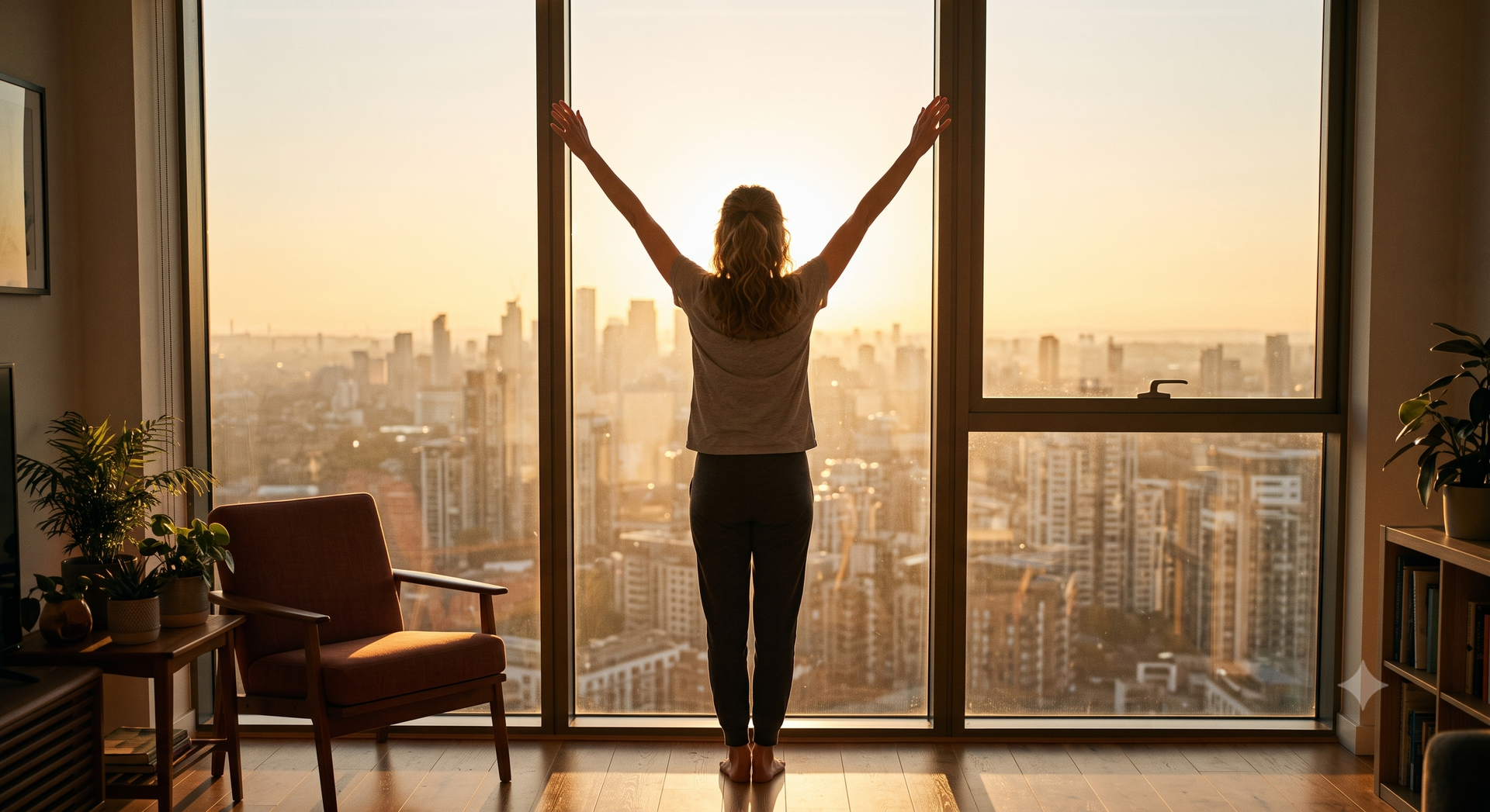 Si vede una donna davanti alla finestra all'alba che fa stretching