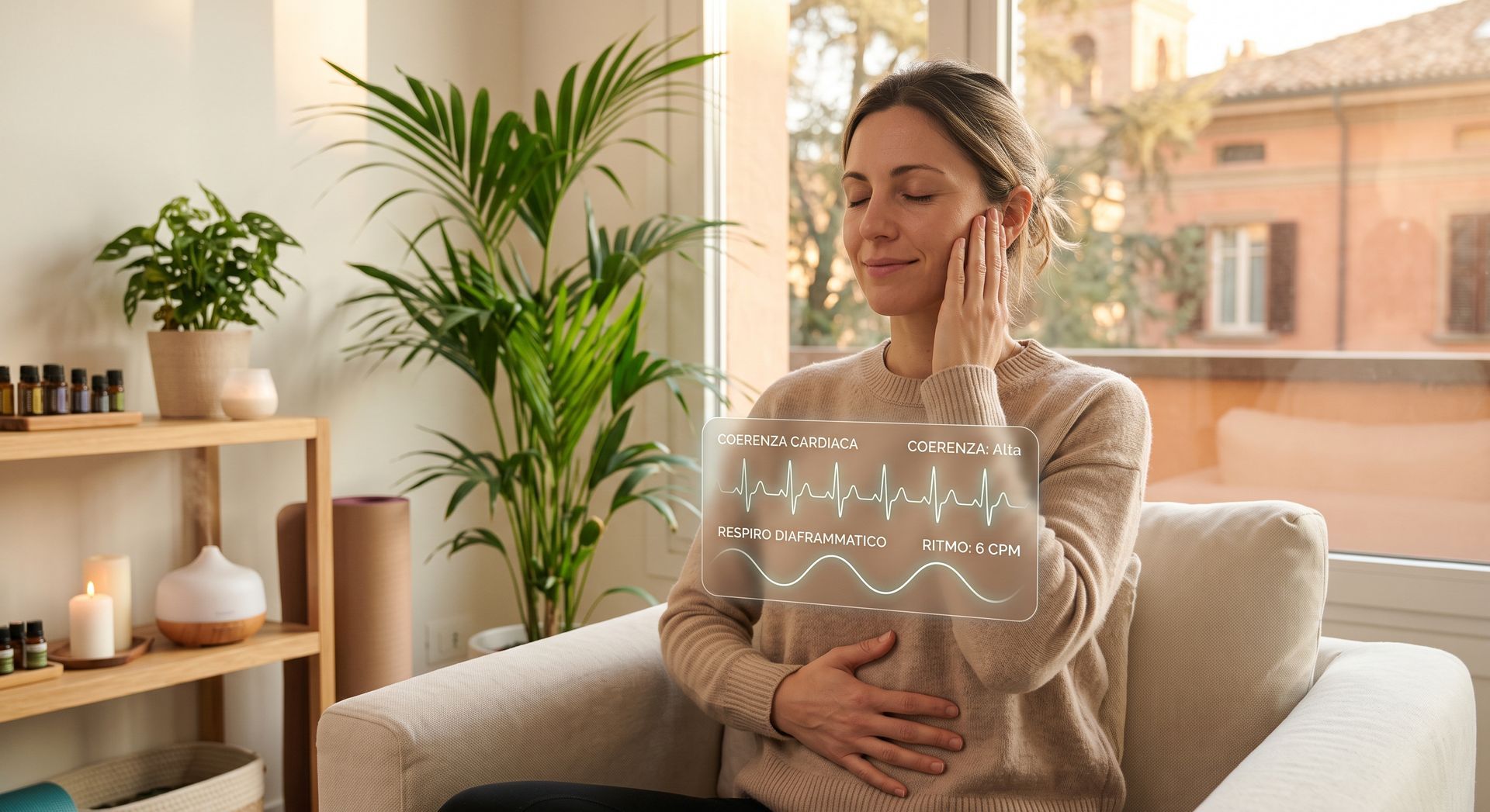 Si vede una donna che controlla il suo respiro addominale e appoggia una mano sull'ATM
