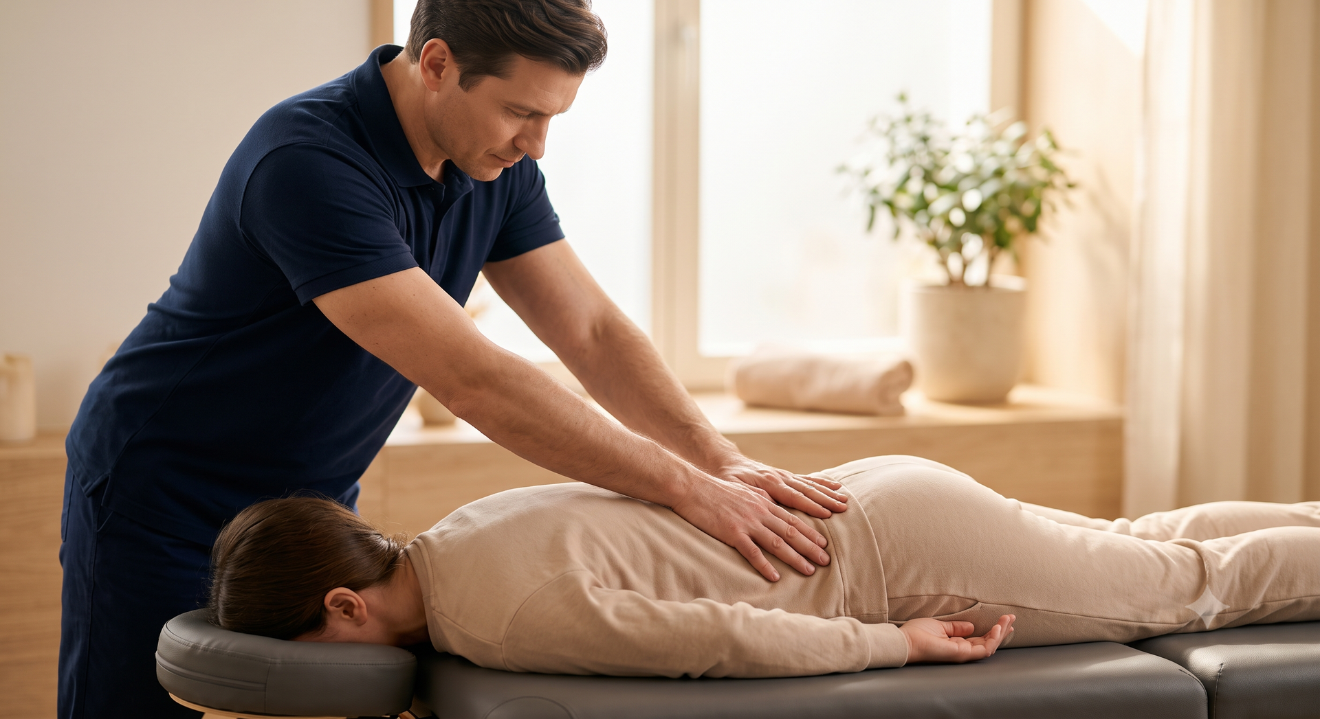 Si vede un Osteopata che ha le mani appoggiate al tratto lombare di una persona prona sul lettino