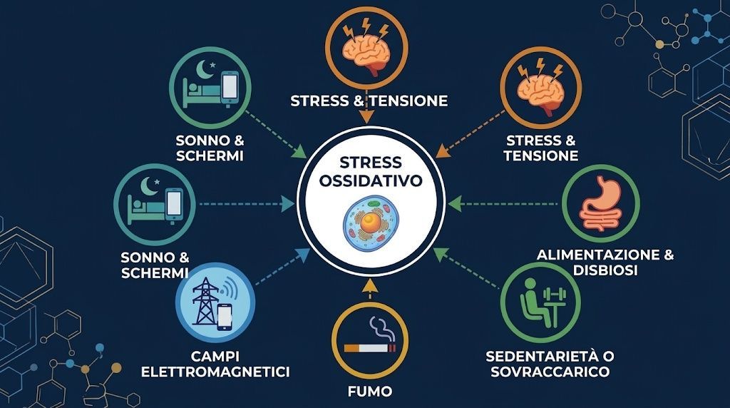 Si vedono icone di fattori che determinano lo stress ossidativo