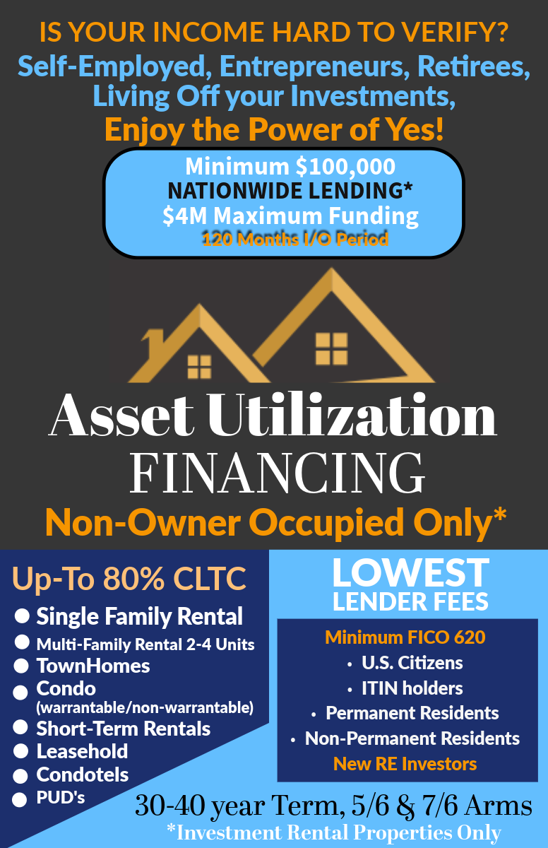 Asset Utilization Financing card with house icon, blue highlights, and text for self-employed, entrepreneurs, retirees, and investors. Offering 120 months interest only payments period minimum funding $100K maximum funding $4M