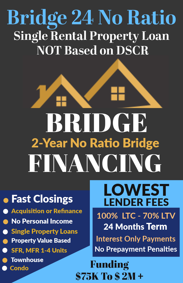 Bridge Financing ad with house icon, bold text on no-ratio loans, and blue highlights for fast closings and low rates
