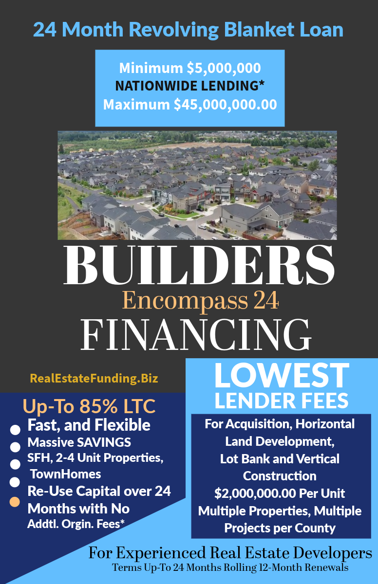 Builders Financing loan ad with city skyline, 24-month revolving blanket loan, lowest lender fees, and financing details