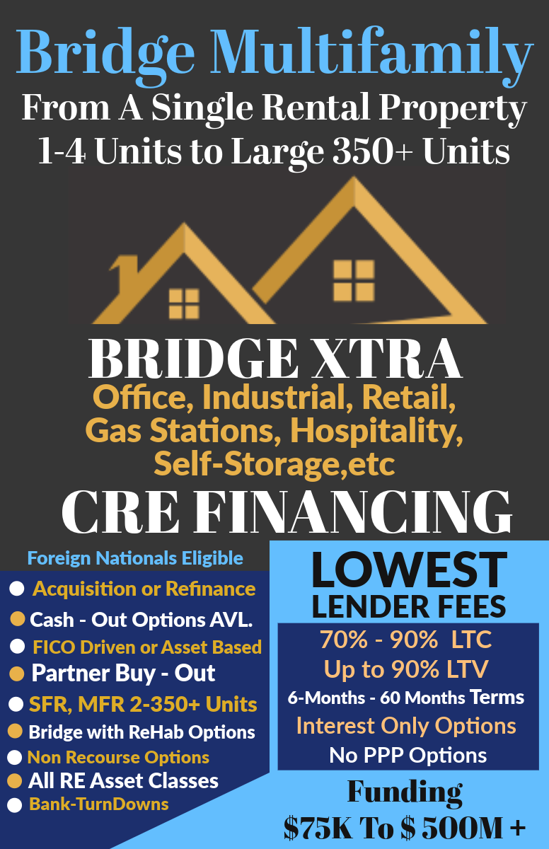 Promotional flyer for Bridge Multifamily bridge financing and lending services, black and gold with house logo