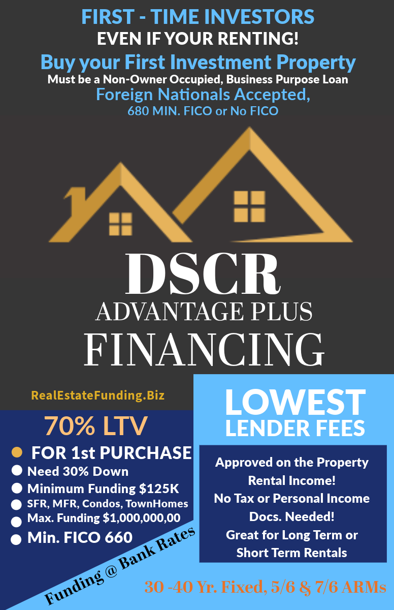 FIRST - TIME INVESTORS
EVEN IF YOUR RENTING!
Buy your First Investment Property, Must be a Non-Owner Occupied, Business Purpose Loan
Foreign Nationals Accepted