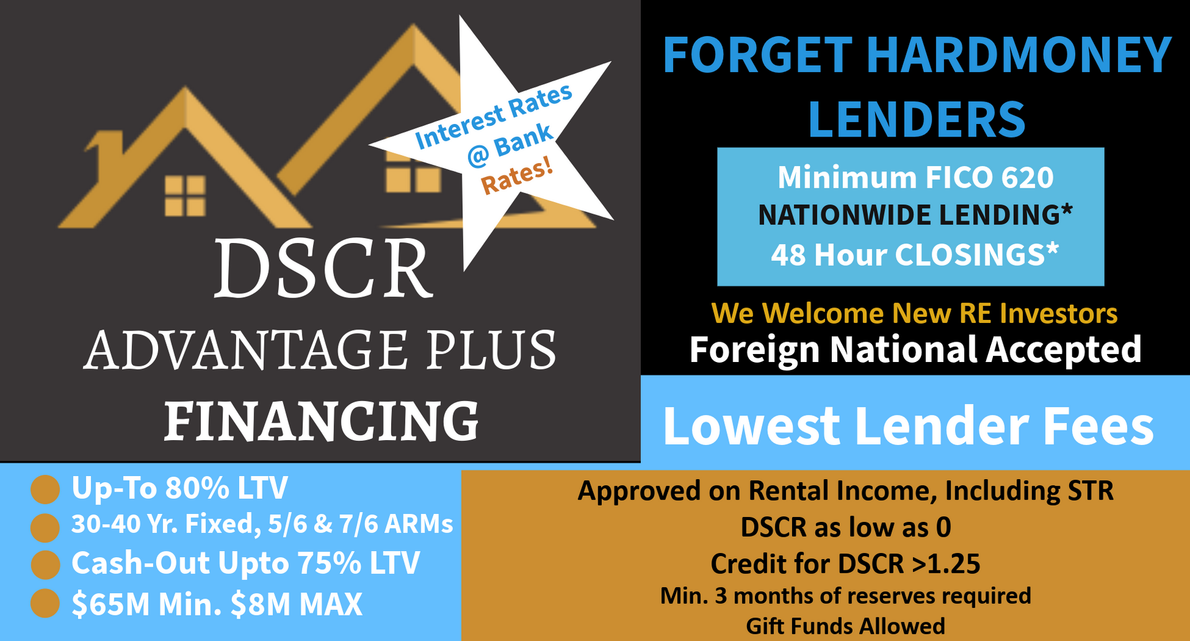 DSCR Advantage Plus Financing ad with blue/gold text, house icons, and “Lowest Lender Fees” offer