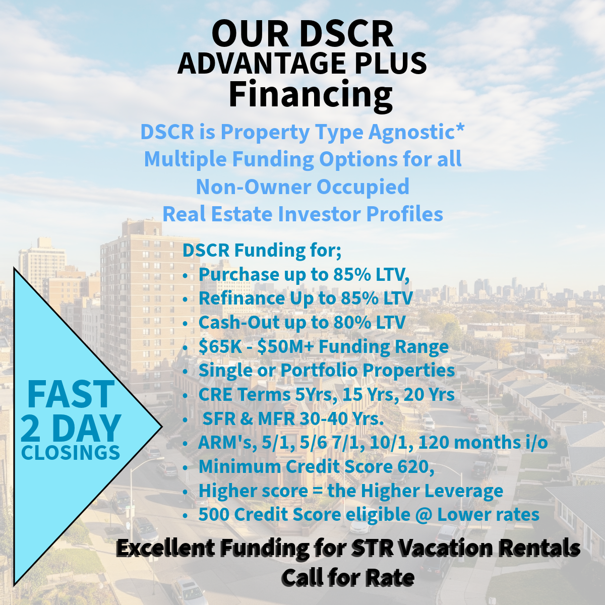 Blue and white promo for DSCR financing, with a large arrow reading “FAST 2 DAY CLOSINGS” and rental funding details.
