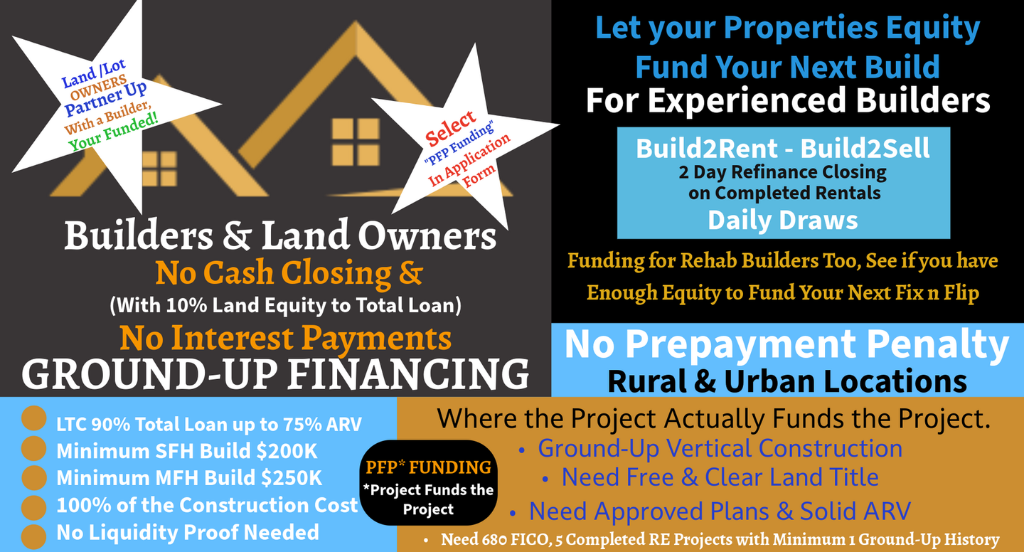 Logo for builders and land owners ground-up financing where your land or lot equity pays for the build2rnt or build2sell,