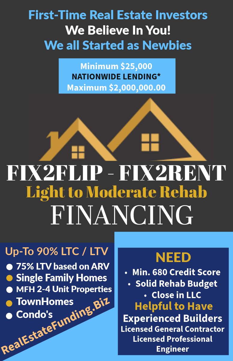 Promotional flyer for FIX2FLIP-FIX2RENT light-to-moderate rehab financing with house icons and loan details
