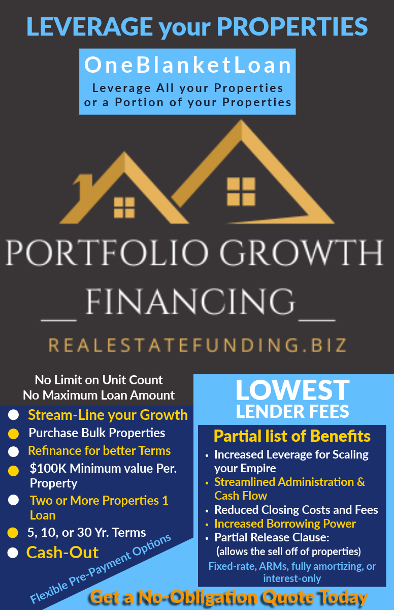 Blue and gold real estate financing flyer for Portfolio Growth Financing and OneBlanketLoan with loan options and benefits