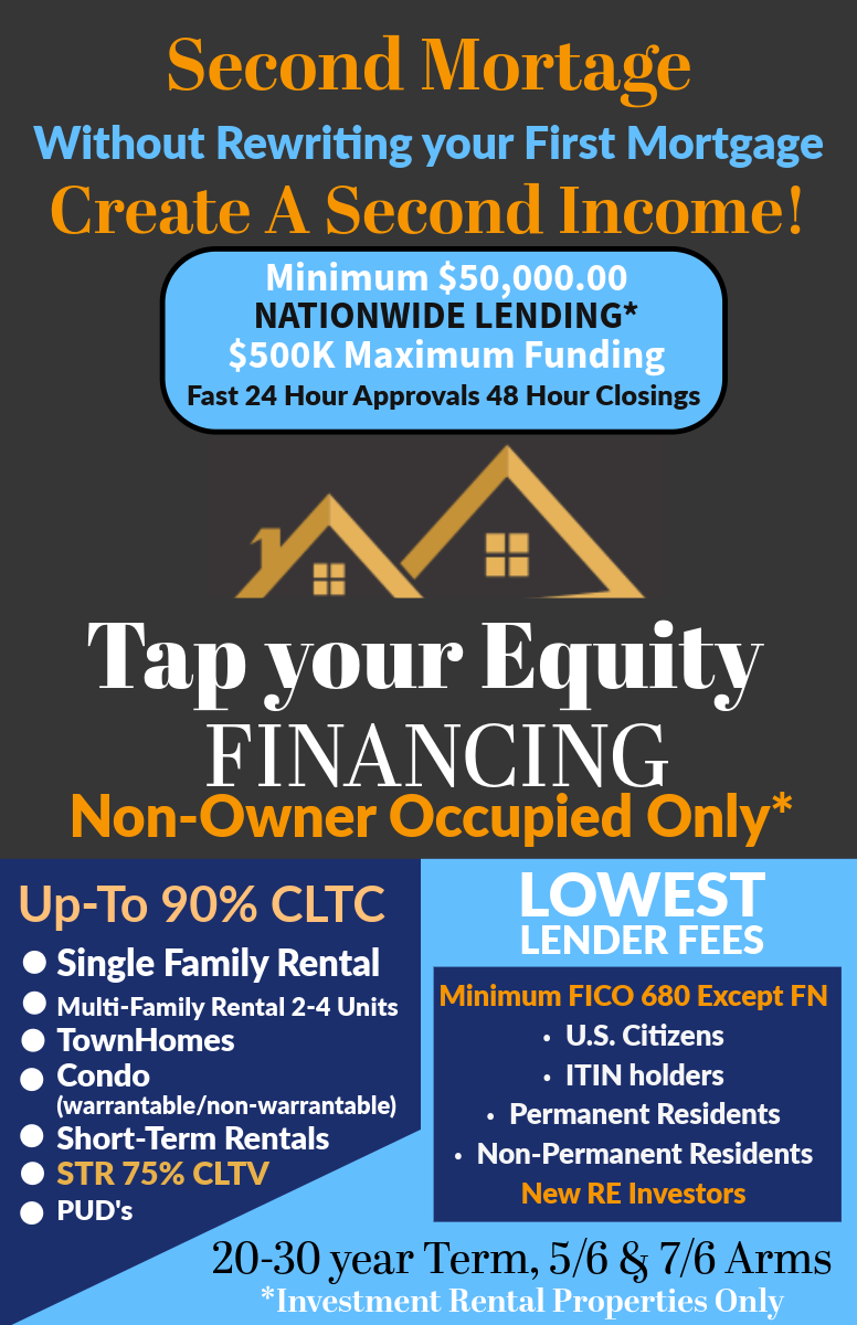 Tap your Equity get a Second Mortage
Without Rewriting your First Mortgage
Create A Second Income!