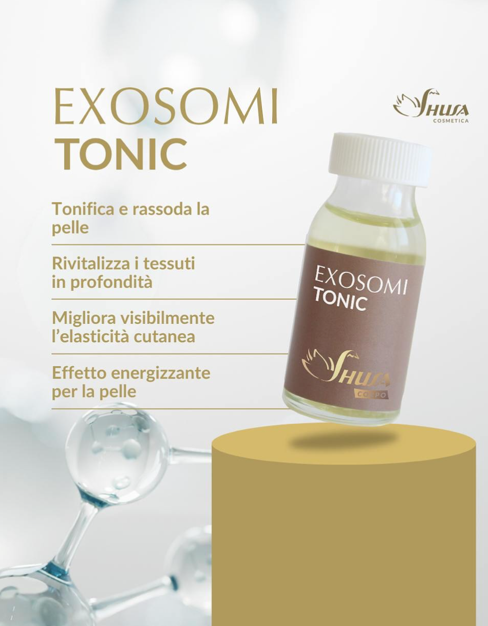 Pubblicità cosmetica per la bottiglia di Exosomi Tonic su un piedistallo dorato, con affermazioni di cura della pelle di provenienza italiana.