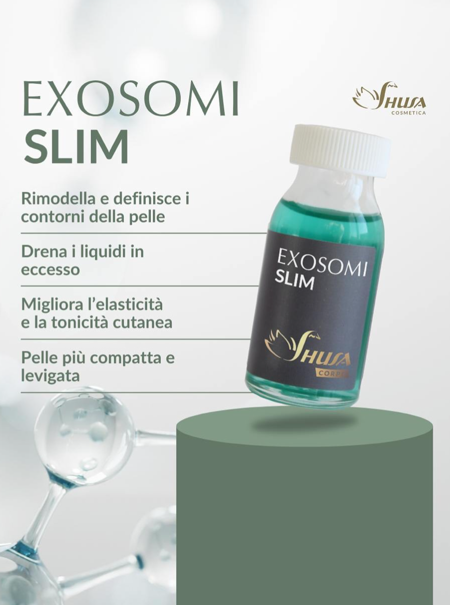 Flacone dell'integratore Exosomi Slim con dettagli verdi e indicazioni dimagranti italiane su sfondo chiaro.