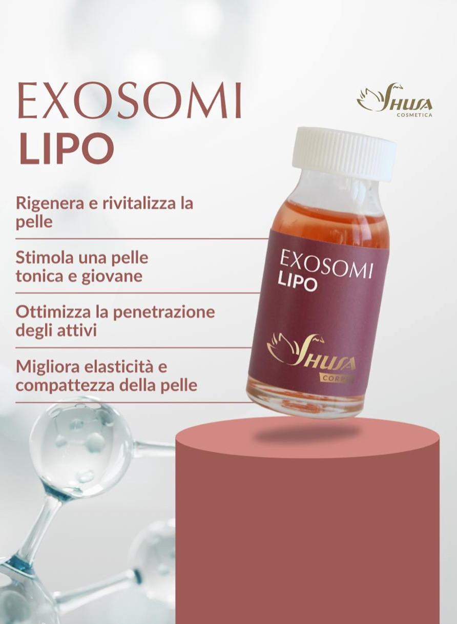Pubblicità del siero labbra Exosomes con flacone, piedistallo rosa e indicazioni sulla cura della pelle in stile italiano su uno sfondo beige tenue.