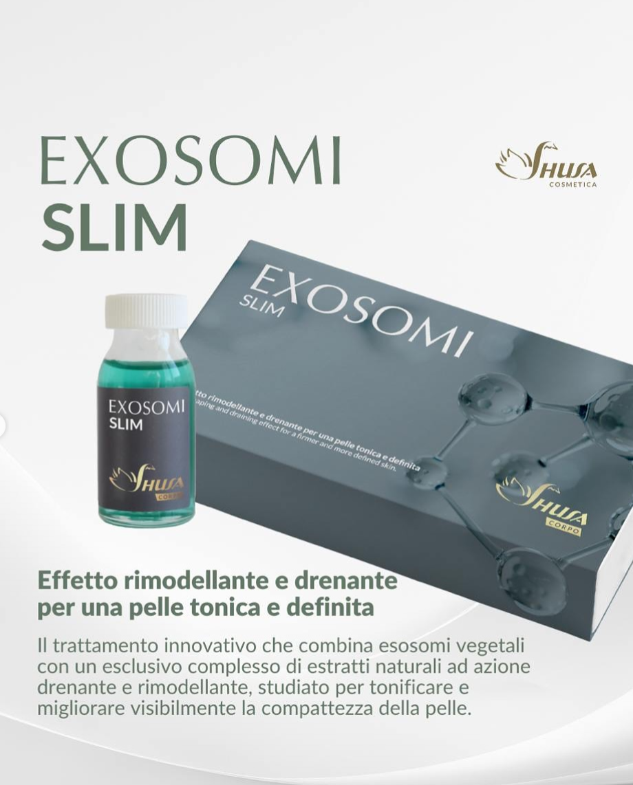 EXOSOMI SLIM skincare box and vial on white background, with Italian slimming and firming product text