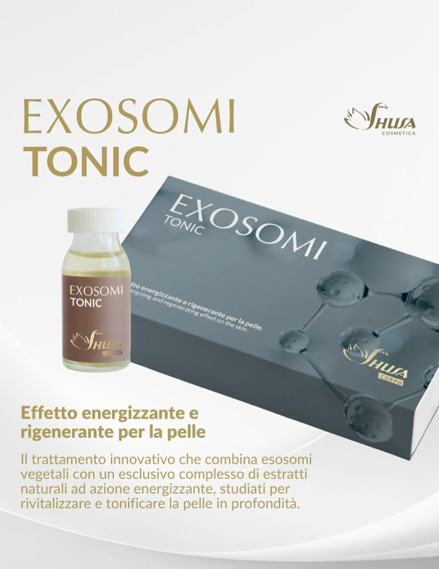 EXOSOMI TONIC skincare product box and bottle on a white background, promoting skin regeneration
