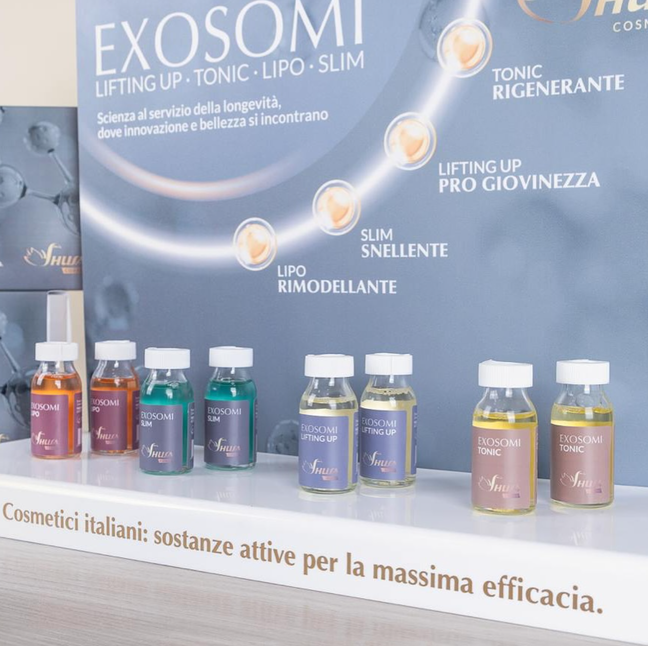 Shelf of Italian cosmetic bottles under Exosomi beauty treatment signs, in blue and gold packaging