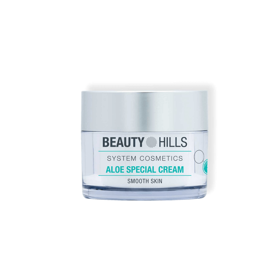 Un barattolo di crema speciale all'aloe Beauty Hills su sfondo bianco.