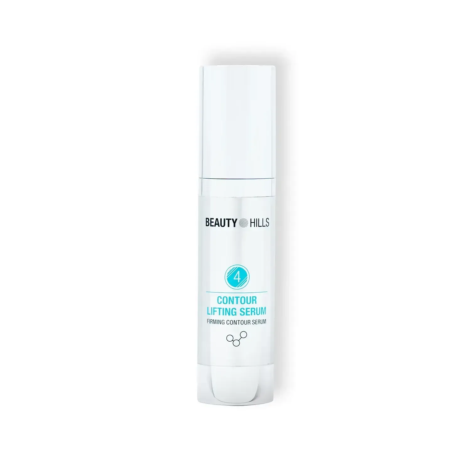 Una bottiglia bianca di spray per il sollevamento dei contorni su uno sfondo bianco.