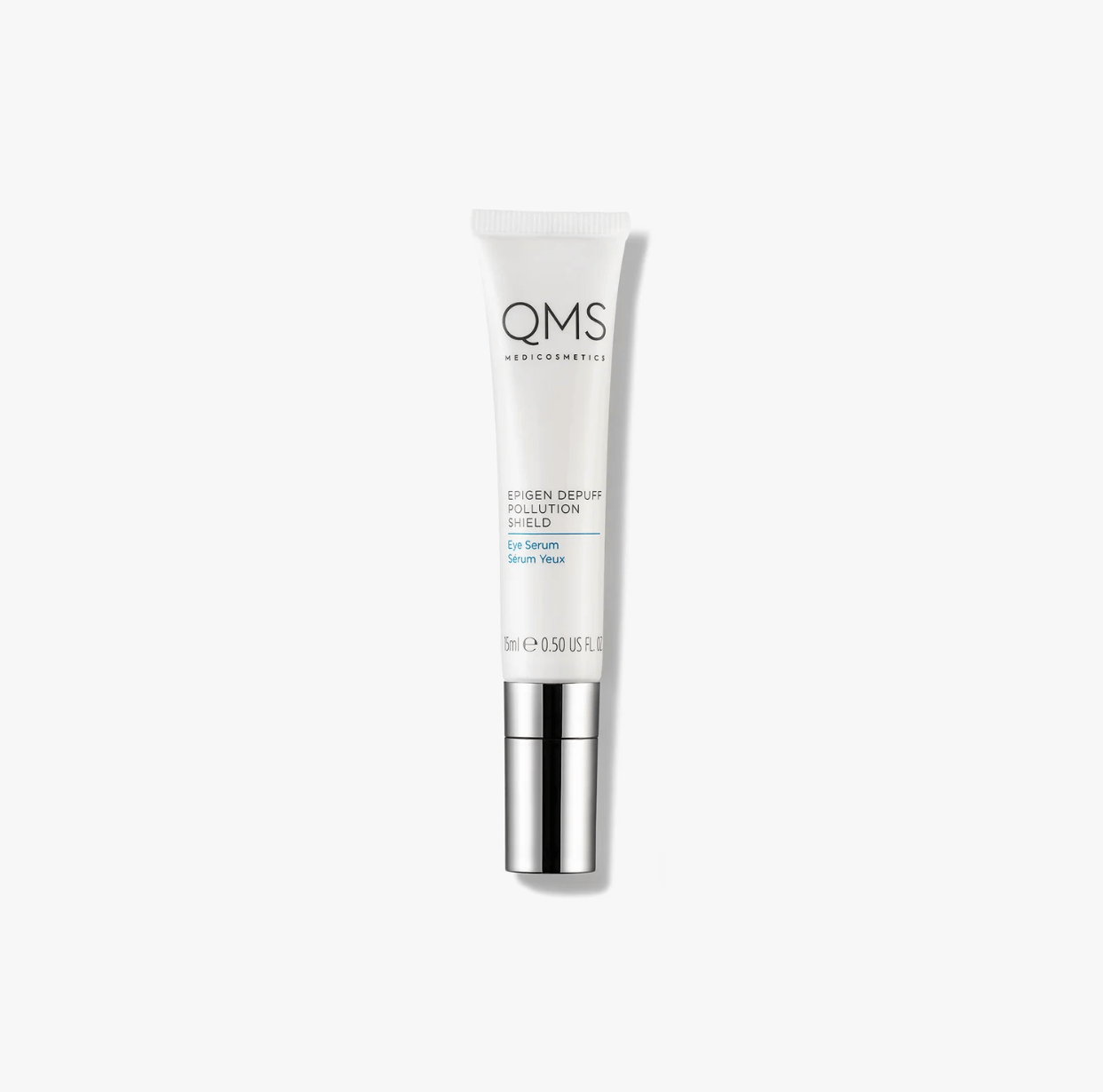 Un tubo di crema per gli occhi qms su sfondo bianco