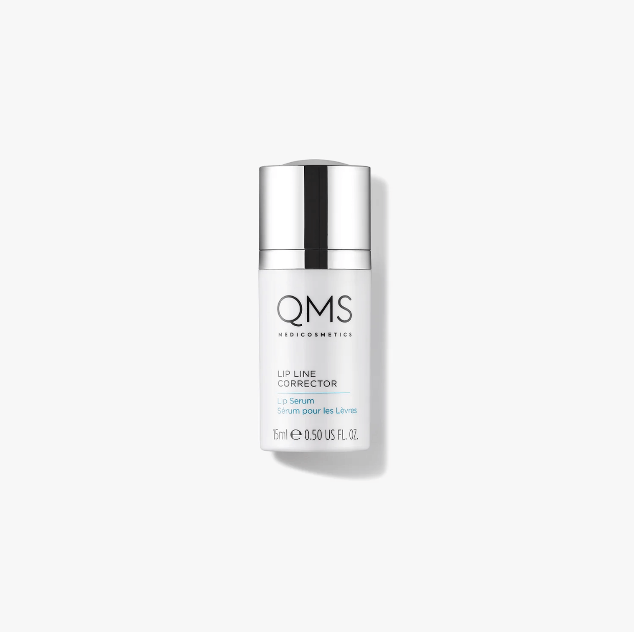 Una bottiglia di crema per gli occhi qms su sfondo bianco