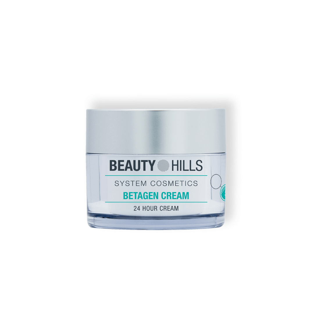 Un barattolo di crema betagen di Beauty Hills su uno sfondo bianco.