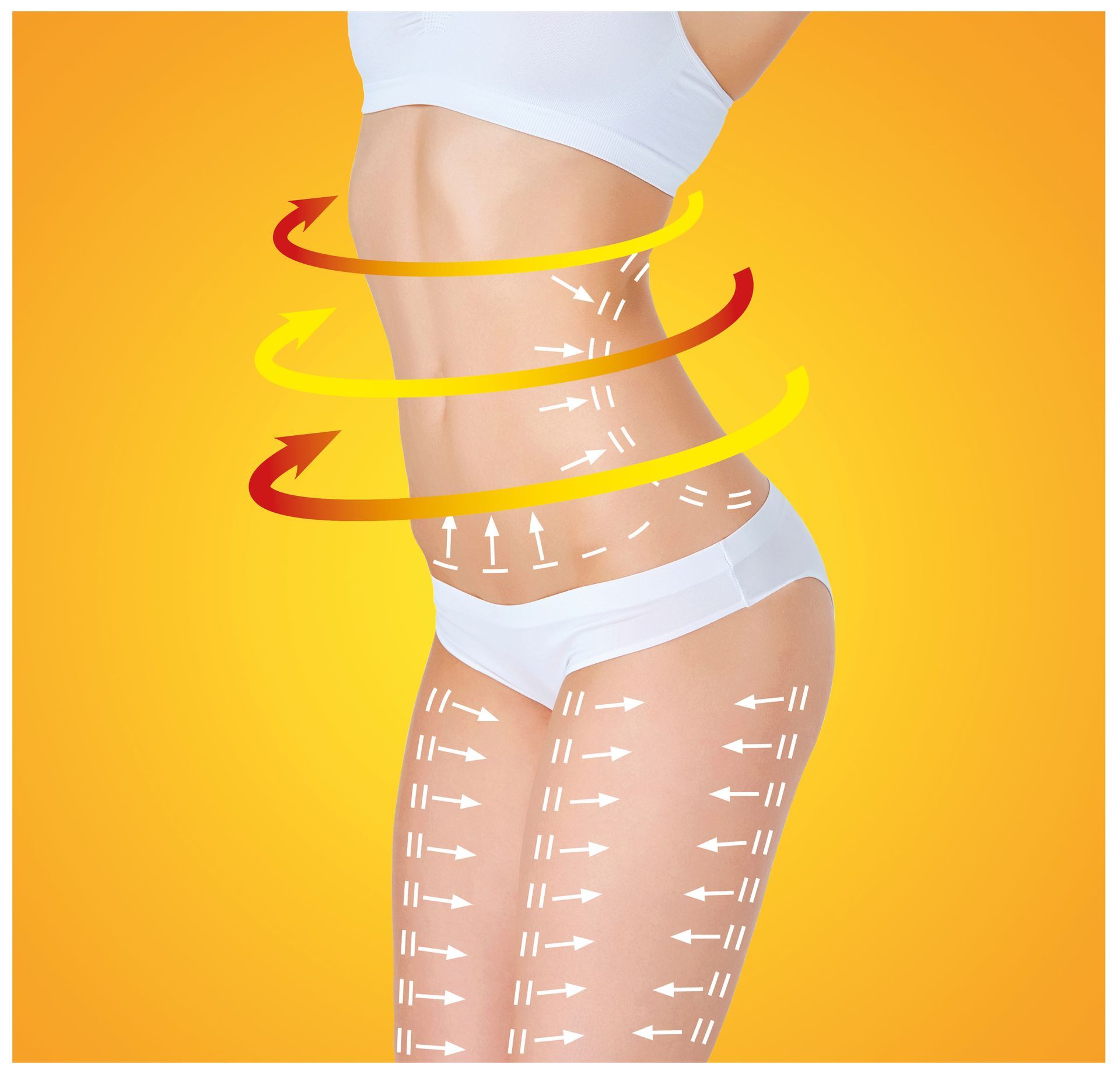 Woman’s torso with slimming wrap and arrow graphics around waist and thighs on orange background