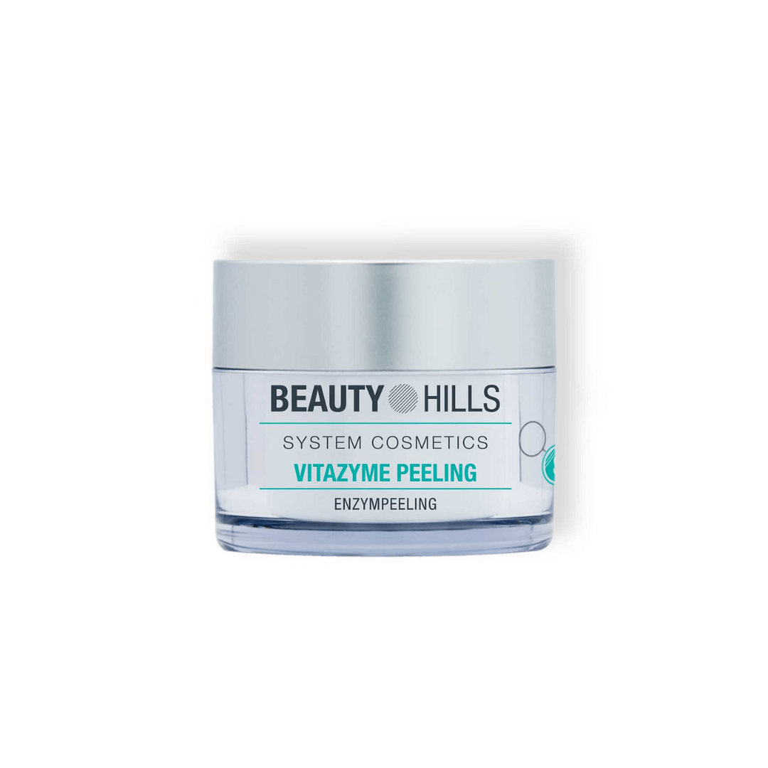 Un barattolo di peeling wtazyme di Beauty Hills su uno sfondo bianco.