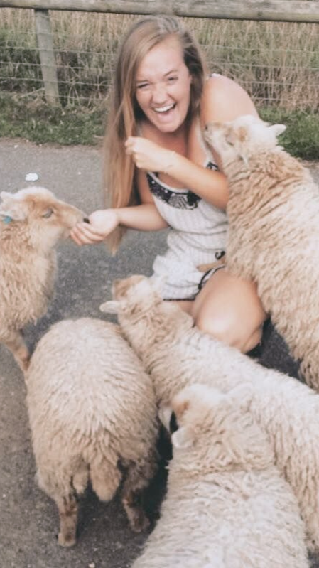 Candid photo of Izzy Lowell, owner and practitioner, feeding sheep