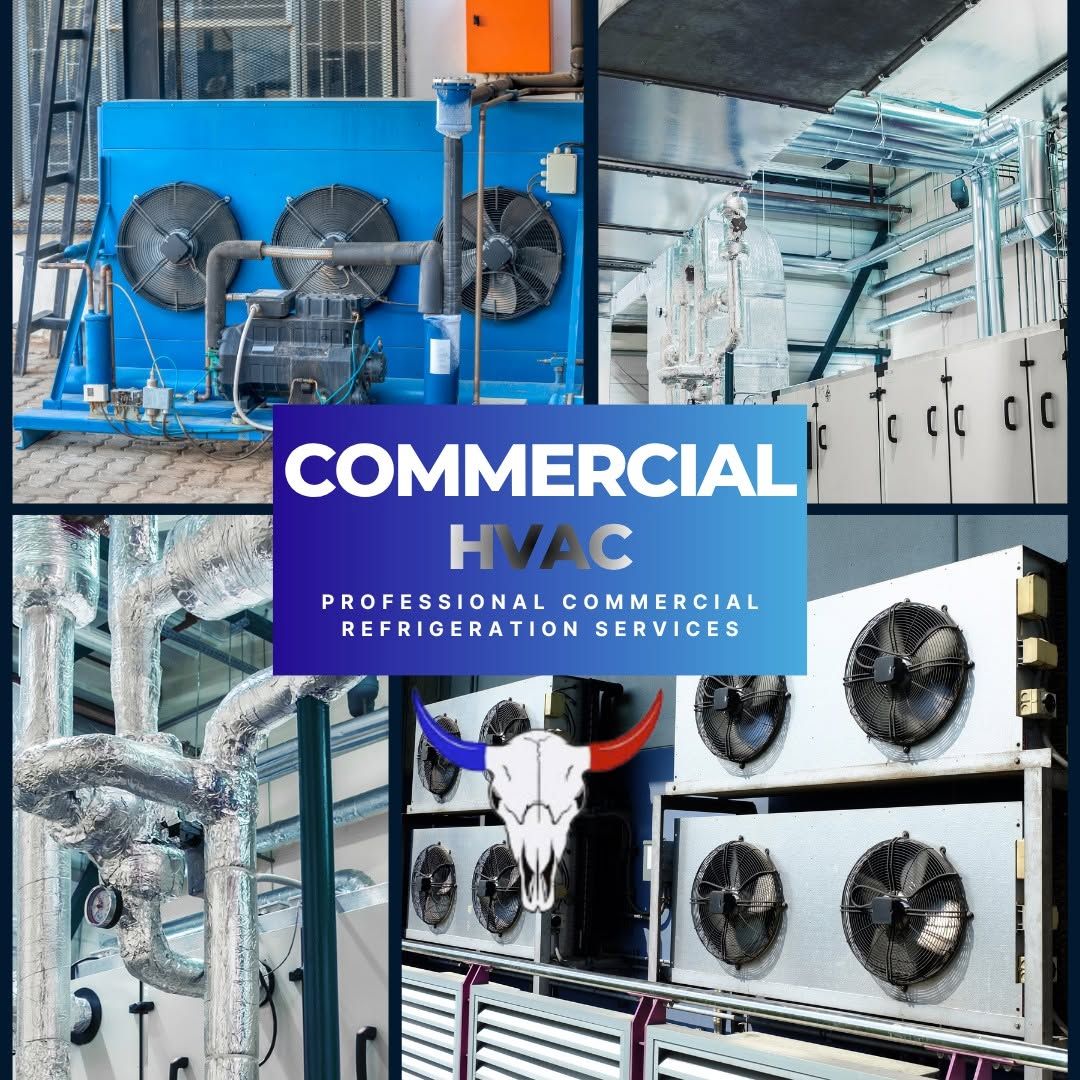 Commercial HVAC service collage with blue branding and industrial refrigeration equipment
