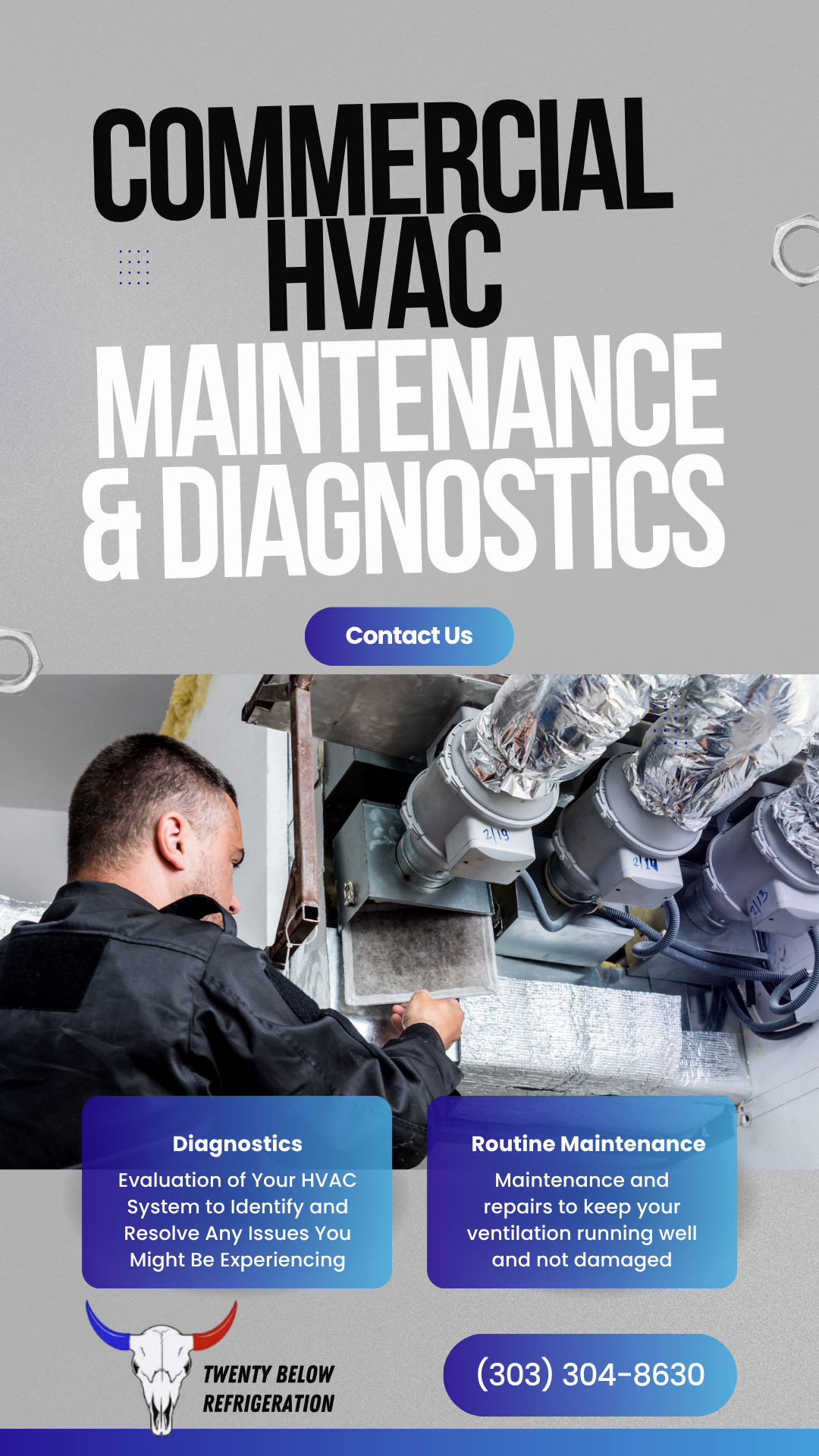Commercial HVAC maintenance and diagnostics ad with technician inspecting pipes and contact number.